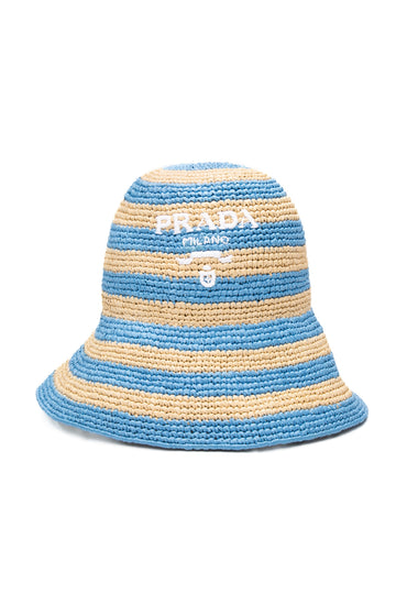 PRADA Blue Logo Embroidered Crochet Bucket Hat (New)