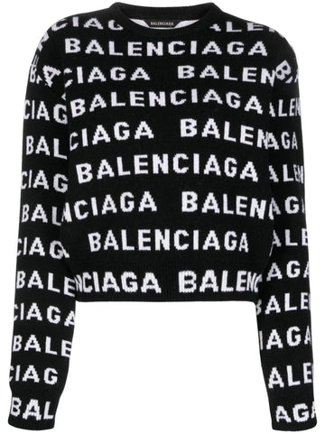 Balenciaga Women Allover Logo Wool Cropped Sweater